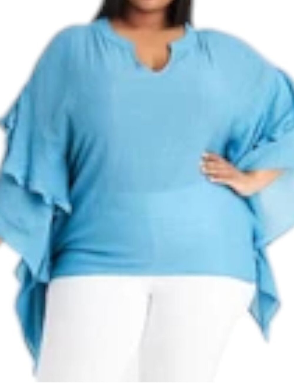 Ashley Stewart Ruffle Split Neck Flowy 3/4 Sleeve Top - Caribbean Blue - 18-20